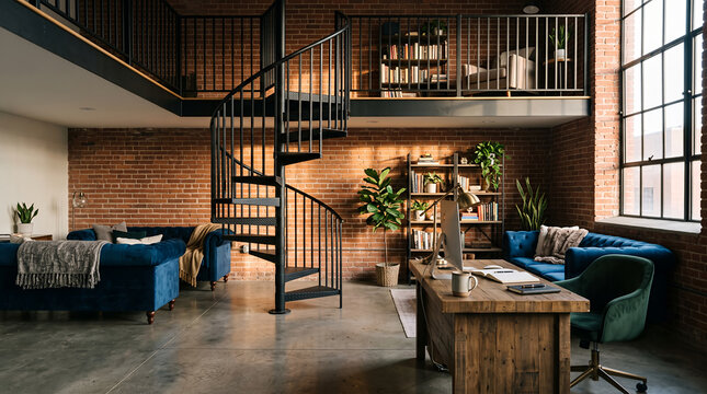 Industrial loft office with brick walls and spiral staircase