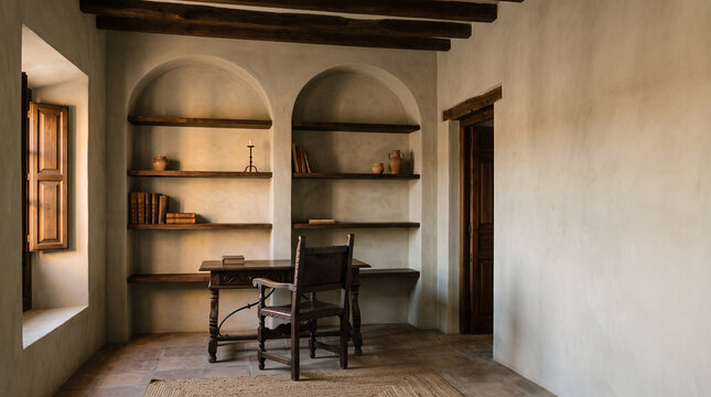 Rustic Mediterranean study with arched niches wooden shelves and antique writing desk