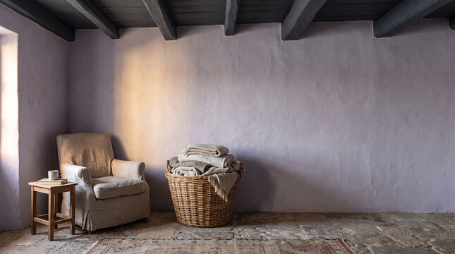 Calm rustic corner with linen armchair and lilac plaster walls