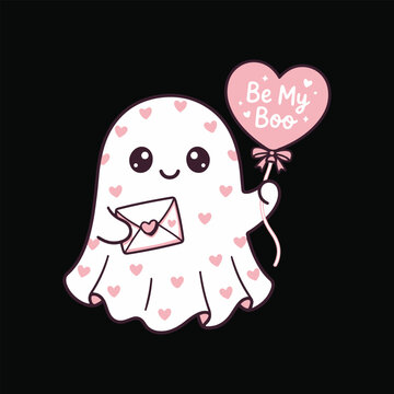  Cute Valentine ghost holding love letter and Be My Boo heart balloon.