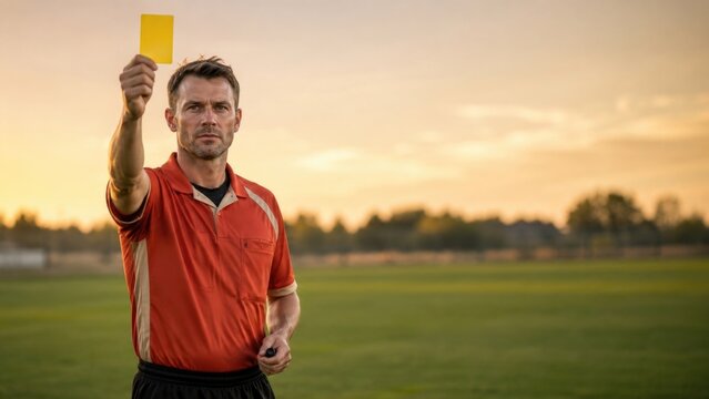 Referee Holding Yellow Card on Football Field