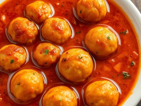 Crisp fried dough balls sizzling in a rich savory gravy, texture, aromatic