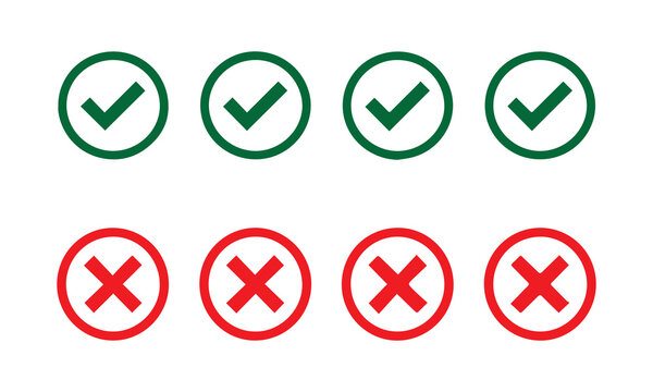 Green check mark and red cross icons vector set isolated on white.