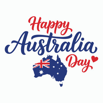 Happy Australia Day calligraphy lettering vector design with map and national flag.