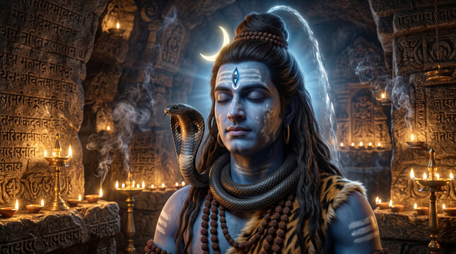 Close portrait of Lord Shiva inside an ancient temple illuminated by warm sacred light and carved stone architecture
