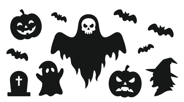 Halloween party icons set with ghost, pumpkins, bats, witch and tombstone
