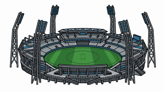Minimalist Flat Cricket Ground Floodlights Architecture Branding Logo Asset, "Created with AI assistance and manually refined."
