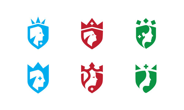 Medical shield logo set with face silhouette vector illustration isolated on white. 