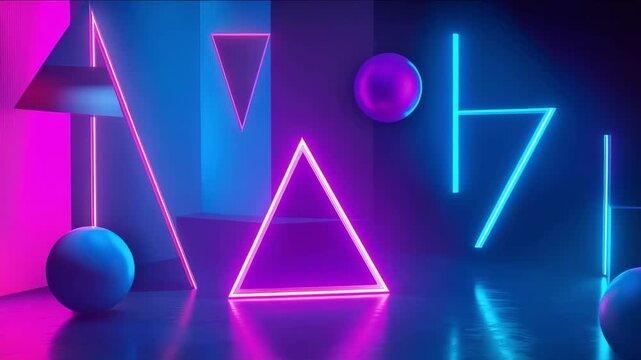 Abstract geometric shapes illuminated with vibrant neon lights in a dark environment. creating a modern artistic atmosphere with dynamic visual appeal