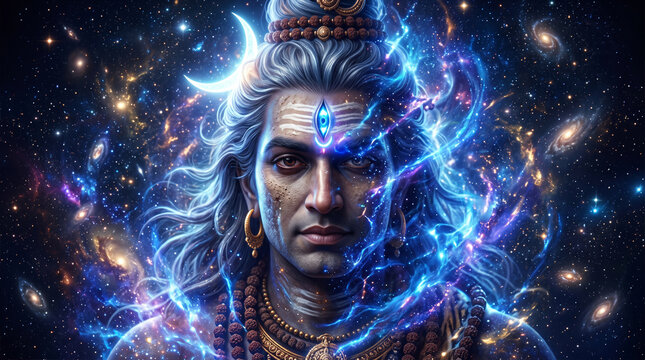 Dramatic portrait of Lord Shiva surrounded by swirling cosmic energy and luminous celestial light