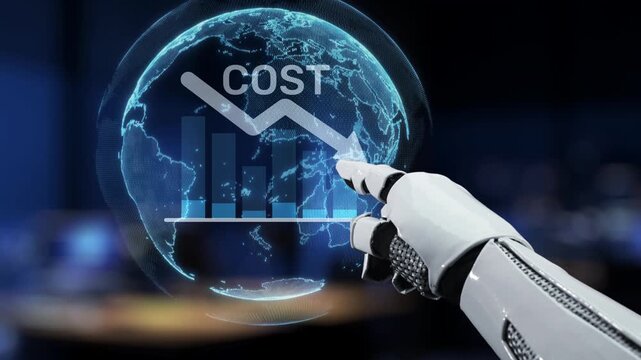 A robotic hand points at a graphic indicating cost reduction alongside financial data visualization, symbolizing advanced technology in modern business and analytics. Synapse