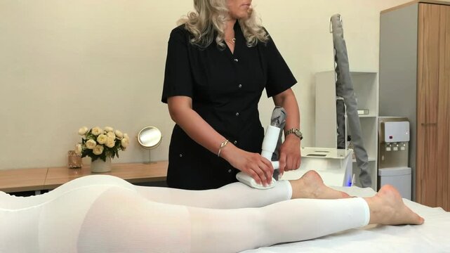 Beautician performs LPG massage on a woman's calf in a beauty salon, body contouring, lymphatic drainage, cellulite care, professional slimming treatment.