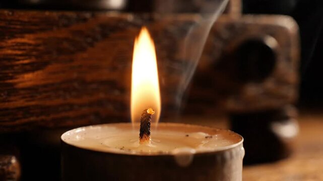 Single candle flame flickering on a wooden surface with subtle smoke