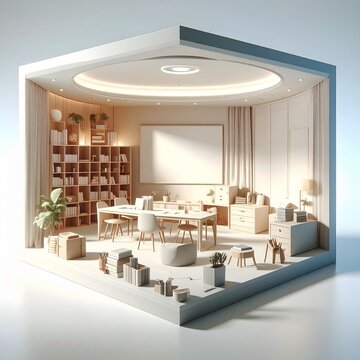 Modern 3D isometric office interior mockup featuring wooden furniture creative workspace and shelving in a minimalist studio diorama