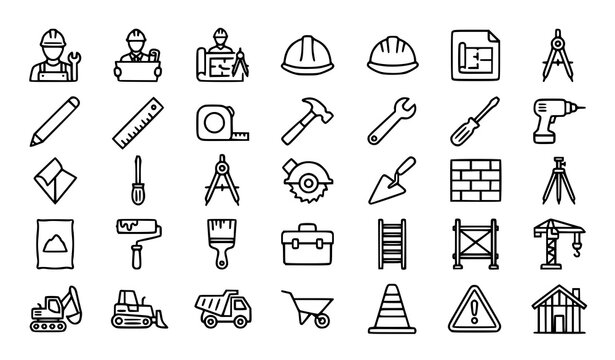 Construction editable stroke outline icon set with building architecture engineering worker and contractor symbols