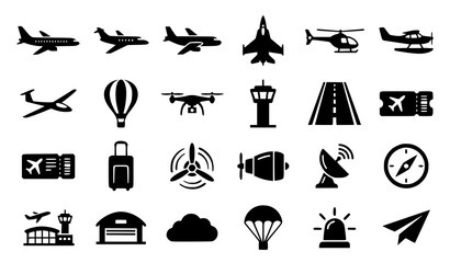 Obraz premium Aircraft and Aviation Silhouette Icon Collection with Airplane Airport and Flight Symbols