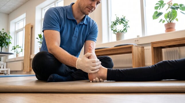 Male physiotherapist performing an ankle massage on a patient in a clinic