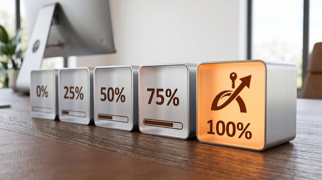Progress bar cubes showing completion percentage success concept with displays row metallic cubes desk representing increasing progress levels culminating glowing final block