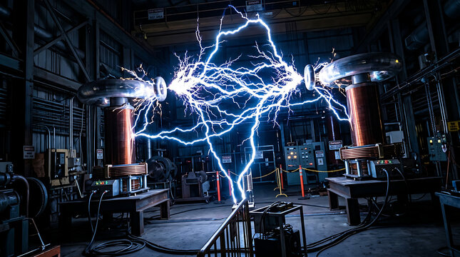 Powerful electrical arcs crackle between two large Tesla coils, showcasing intense energy discharge in a laboratory setting.