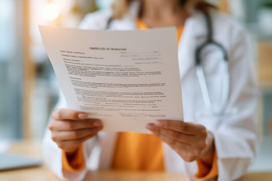 Doctor holds paper with focused gaze. Stethoscope rests gently on shoulder. Hands steady the document, eyes scan lines. Medical setting implies professionalism. Ideal for healthcare