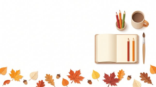 Autumn Creative Workspace Paper Cut Bottom Edge Border with Notebook Art Supplies and Copy Space on White Background