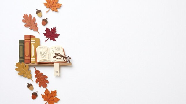 Autumn Library Paper Cut Left Edge Border with Books Reading Glasses and Copy Space on White Background