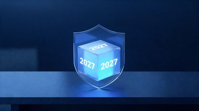 2027 business planning cybersecurity planning concept with one shield-shaped transparent acrylic object