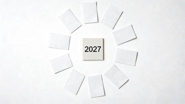 2027 business planning subscription renewal concept with a circular row of twelve plain cards around