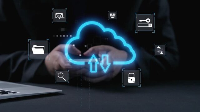 A close view of cloud computing technology illustrated through digital icons representing data transfer, security, and online storage to enhance user experience. Qubit
