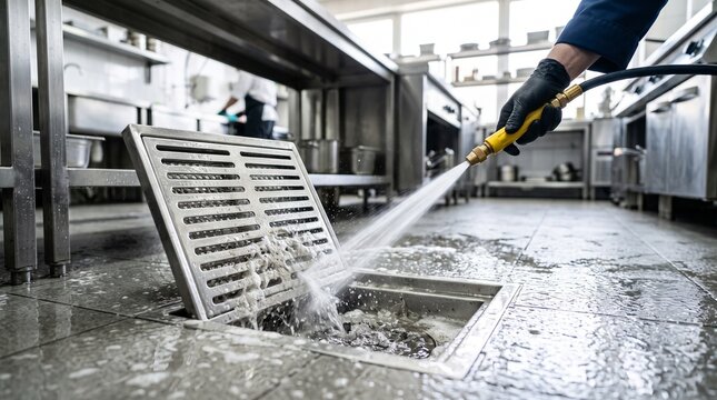 Worker cleaning stainless steel floor drain in commercial kitchen