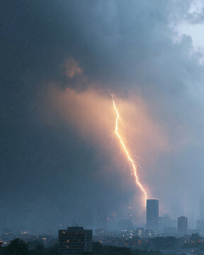 Storm breaks over city skyline with jagged lightning. Rain streaks sky as thunder roars above buildings. Urban landscape hums under electric fury of nature. Lightning crackles down