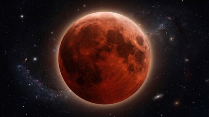 Fototapeta premium Dramatic view of a glowing blood moon during a total lunar eclipse against a dark starry sky.