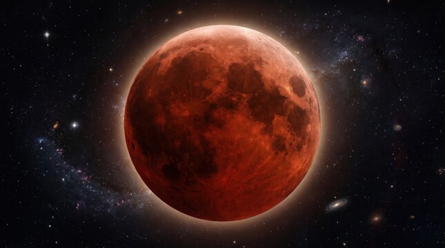 Dramatic view of a glowing blood moon during a total lunar eclipse against a dark starry sky.