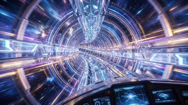 Abstract sci-fi representation of hyperspace travel, traveling through a futuristic light tunnel at warp speed.