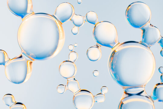Abstract cosmetic molecule structure with transparent gel bubbles. Futuristic skincare serum, collagen and peptide concept, clean beauty science background with glossy liquid texture.	