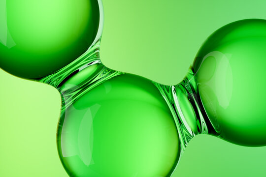 Abstract green molecular network with transparent liquid connections. Scientific 3D background for biotechnology, skincare, laboratory research, innovation, close up, copy space.