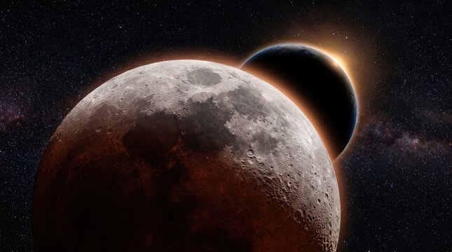 Dramatic view of a glowing blood moon during a total lunar eclipse against a dark starry sky.