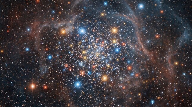 Stunning cosmic landscape featuring a vibrant star cluster and glowing interstellar gas and dust.