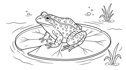 Frog sitting on lily pad in pond coloring page. © togor
