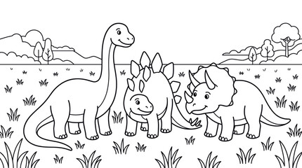Group of friendly dinosaurs in field coloring page. © togor