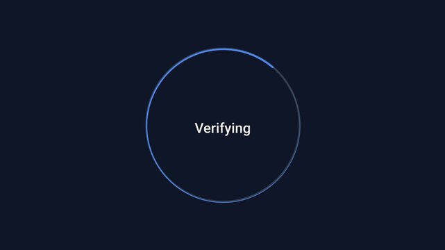 Animated flat vector motion graphic featuring a circular verification progress indicator with status text on a dark background. Ideal for authentication, system validation, dashboards, and user interf