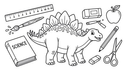 Stegosaurus dinosaur with school supplies for educational coloring. © togor