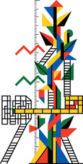 Obraz premium Abstract Bauhaus Geometric Art Composition with Colorful Shapes, Scales, and Ladders for Modern Graphic Design Posters, Backgrounds, and Creative Illustrations