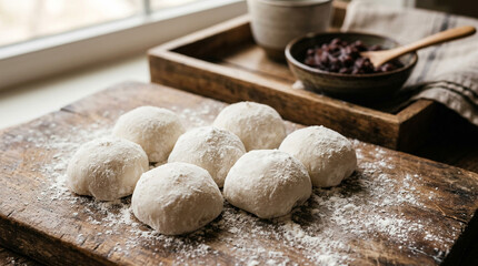 Fototapeta premium Traditional Japanese Daifuku Mochi Rice Cakes Dusted with Flour on a Rustic Wooden Board with Red Bean Paste