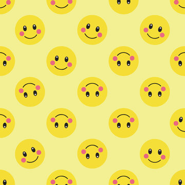 Abstract seamless pattern of yellow smiley faces with playful expressions on light background creating cheerful modern design