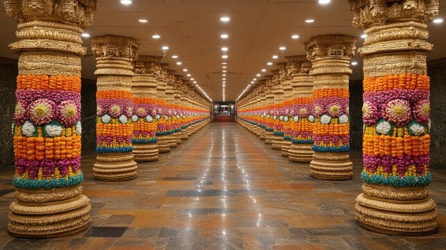 Ornate temple corridor adorned with garlands