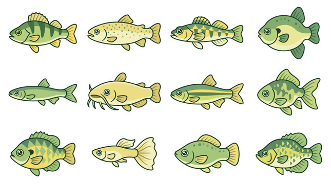 Collection of various cartoon freshwater fish illustrations.