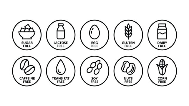 Food allergen free line icons set including sugar lactose egg gluten dairy caffeine trans fat soy nuts and corn free.