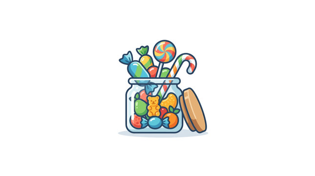 Colorful assortment of candies and lollipops in a clear glass jar with a wooden lid.
