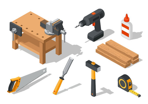 Isometric vector set of woodworking equipment featuring a workbench power drill wood planks and various hand tools for carpentry and DIY projects.